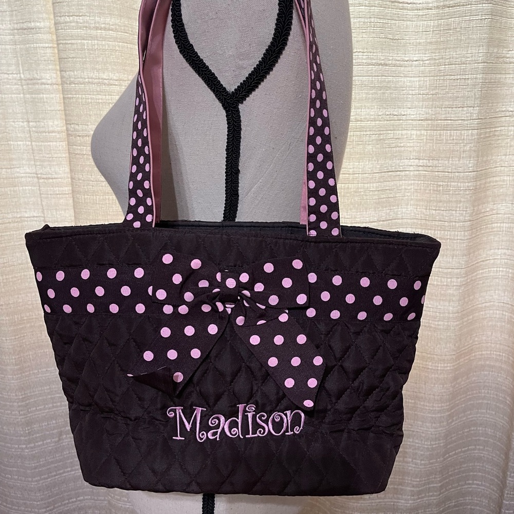 Quilted Brown Bag With Pink Madison Monogram